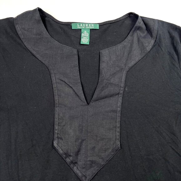 Lauren Ralph Lauren Black Tunic Blouse Notch Collar 3/4 Sleeves M Green Label - Picture 3 of 10